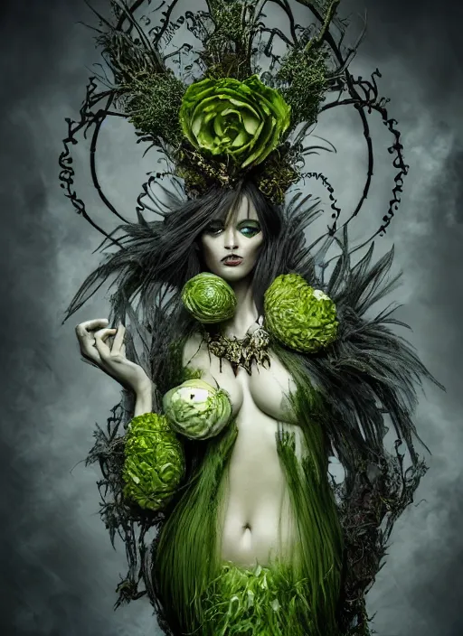 Prompt: expressive full body photo of demoness, dress made of cabbages, glamour shot, by karol bak, stefan gesell, photorealistic, nikon d 4 x, fashion photography, hyper maximalist, elegant, ornate, luxury, elite, environmental portrait, symmetrical features, octane render, unreal engine, solid dark grey background, dramatic lights