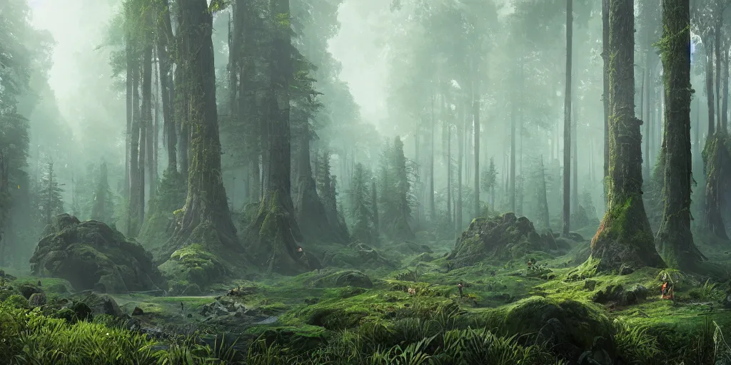 Image similar to Artwork by Filip Hodas of the cinematic view of the Forest of the Giants.