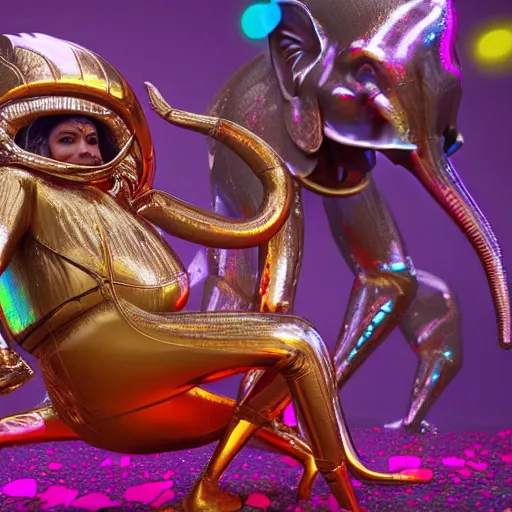 Image similar to 1 9 7 0's bollywood movie octane render, weta digital, cinema 4 d, an elephant wearing a silver latex suit and an iridescent metal helmet surrounded by women dancing in colorful flowing intricate dresses on a tropical alien planet