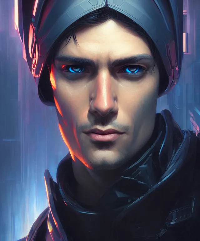 Image similar to Hacker cyberpunk man portrait, highly detailed, digital painting, artstation, concept art, smooth, sharp focus, illustration, art by artgerm and greg rutkowski and alphonse mucha