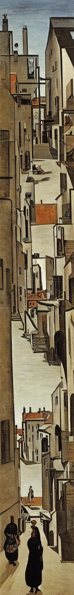 Prompt: a painting of street life in kirkwall, orkney, people,houses, by Giorgio de Chirico