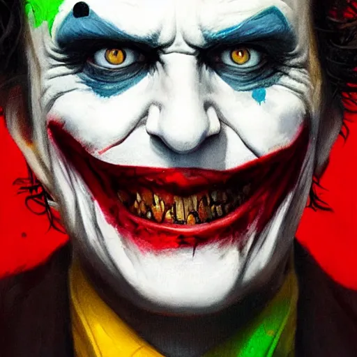 Prompt: joker, crazy face, facepalm, paint by greg rutkowski