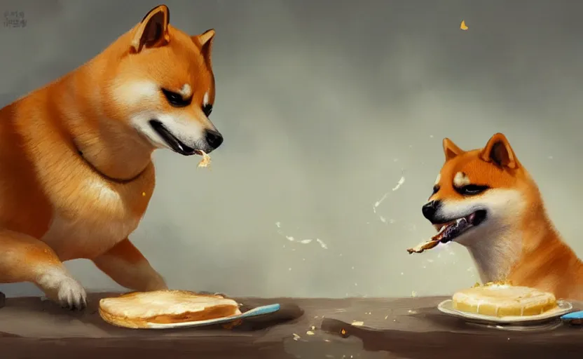 Prompt: a painting of a shiba inu eating a birthday cake trending on artstation in the style of greg rutkowski