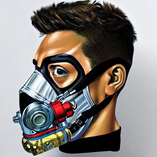 Image similar to portrait of a male diver with a oxygen mask intricate detailed mask with front profile by MARVEL comics and Sandra Chevrier