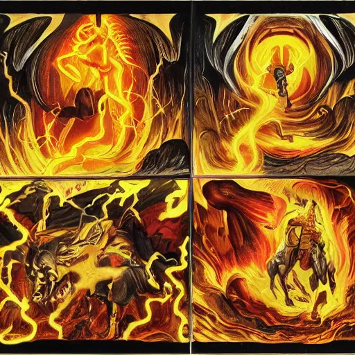 Image similar to Four Horseman of the Apocalypse killing god and destroying his kingdom with lightning, lightning in the shape of a face surrounded by golden layers of fire