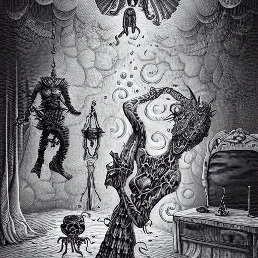 Prompt: Sleep paralysis demon emerges in the dreams of a young woman while she’s in bed, very detailed, unique, surreal made by Joe Fenton