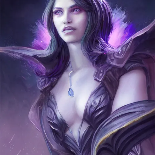 Image similar to Ice Sorceress, arrogant, wrathful, Magic the Gathering, fantasy, full body, highly detailed, digital painting, artstation, concept art, sharp focus, illustration, art by artgerm and livia prima and magali villeneuve, blue white and purple color scheme