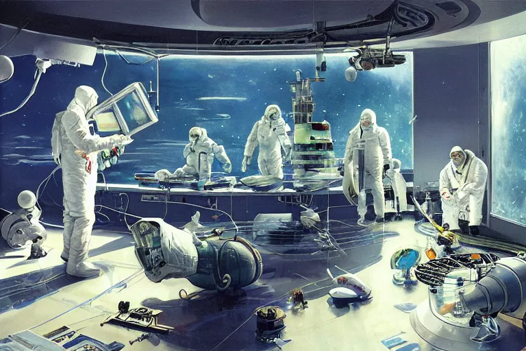 Prompt: scientists in white lab coats on spacecraft observe extraterrestrial creature in glass container, nick berry, john berkey, syd mead, craig mullins, norman rockwell, greg staples, artstation creature concept art