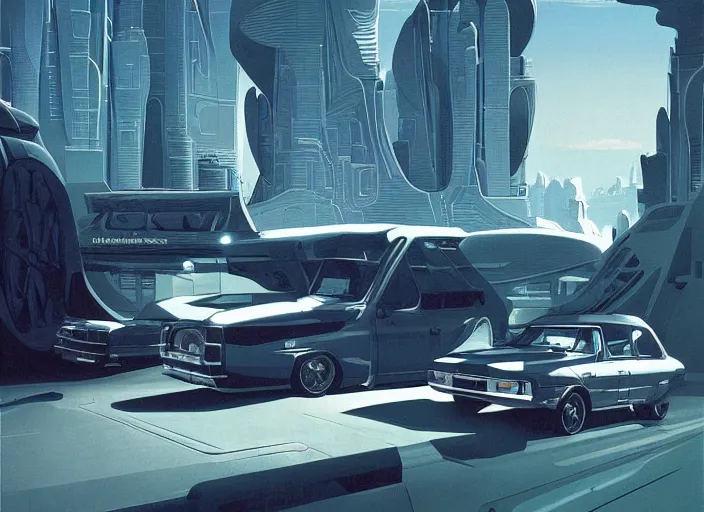 Image similar to a sport sedan truck in a future city. style by peter elson and eyvind earle.