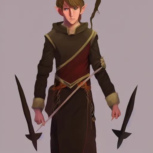 Image similar to A portrait of a adolescent male half-elf wizard who is tall and slim, focus on face, short brown hair, smiling, wizard robes, staff, sharp focus, highly detailed, photograph, cinematic, dynamic lighting, trending on artstation, digital painting, in the style of Chris Ostrowski