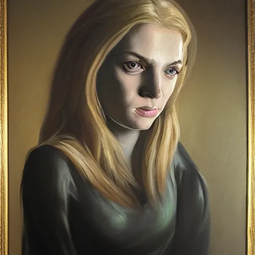 Image similar to samantha benge, a dnd fantasy, chiaroscuro devilish lighting, benge blonde woman perfect epic painting. official portrait, dnd character painting masterpiece. oil on canvas, chiaroscuro style realistic. restored face.