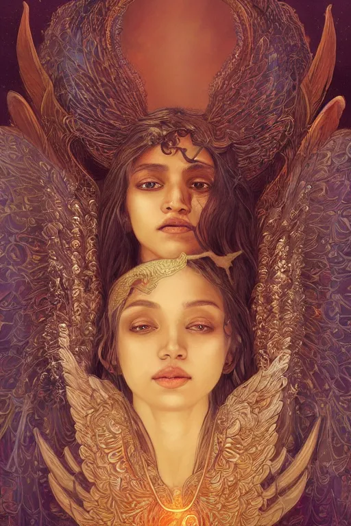 Image similar to Sri lankan girl as a winged angel covered in eyes with glowing halo, iridescent, seraphim, fantasy, intricate, elegant, highly detailed, digital painting, artstation, concept art, smooth, sharp focus, illustration, art by Krenz Cushart and Artem Demura and alphonse mucha