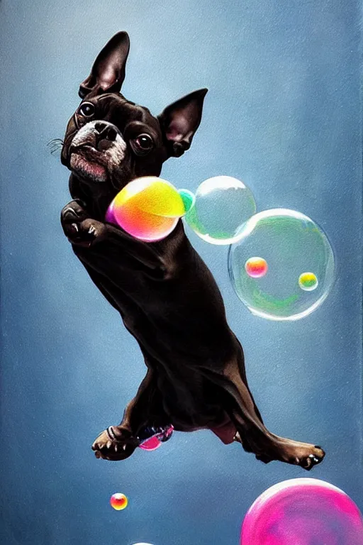 Prompt: a boston terrier chasing bubbles. clean elegant painting, beautiful details, lots of bubbles. by artgerm and greg rutkowski