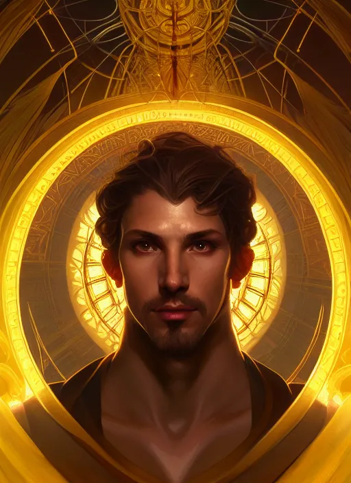 Image similar to symmetry!! portrait of male wizard, high fantasy, golden ratio, glowing lights!! intricate, elegant, highly detailed, digital painting, artstation, concept art, smooth, sharp focus, illustration, art by artgerm and greg rutkowski and alphonse mucha, 4 k