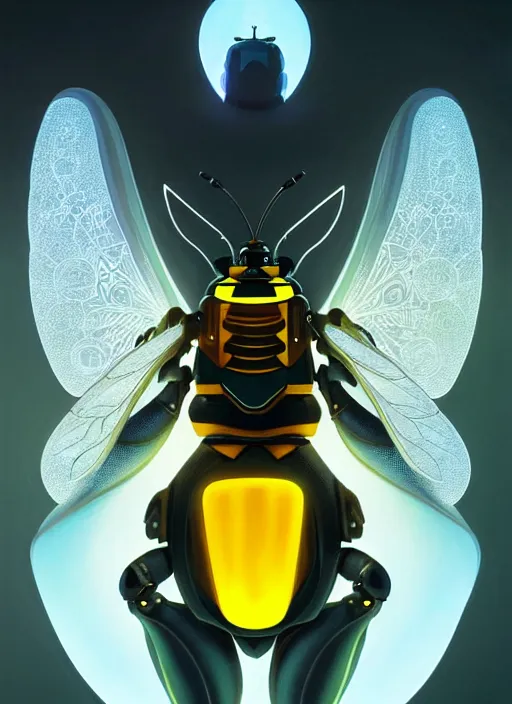 Prompt: symmetry!! portrait of humanoid robotic bee!!, sci - fi, tech wear, glowing lights!! intricate, elegant, highly detailed, digital painting, artstation, concept art, smooth, sharp focus, illustration, art by artgerm and greg rutkowski and alphonse mucha