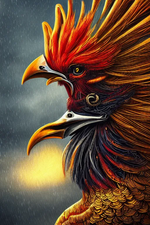 Image similar to a beautiful tarot card artwork of a rooster, wearing knight armour!, horror, backlit, gloomy sky, highly detailed, digital painting, intricate golden threads, by kevin siembieda, vivid colors, detailed shading, 8 k resolution, intricate, smooth