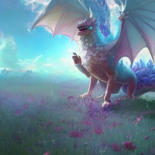 Image similar to beautiful digital fantasy illustration of a closeup adorable giant fluffy feathered sparkling pearlescent pastel dragon! sitting alone in a flower meadow, concept art by greg rutkowski, anato finnstark, and rebecca guay, highly detailed, soft lighting, rendered in octane