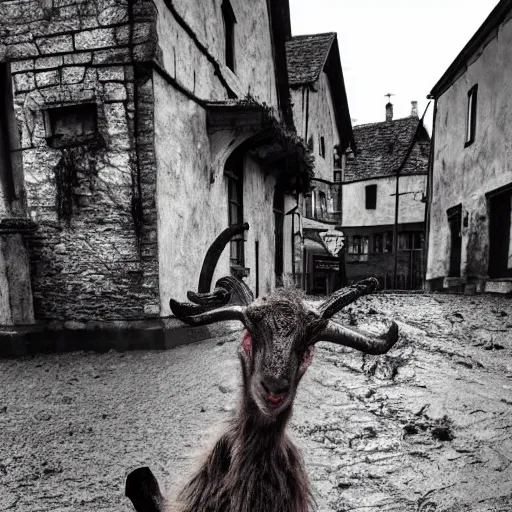 Prompt: horror, moody, still from film, daytime, muddy village square, wide shot, screeching mutant goat monster, powerful and huge, creeping on legs with hands where feet should be, mouth crammed full of filthy jagged teeth, matted brown fur, in muddy medieval village square