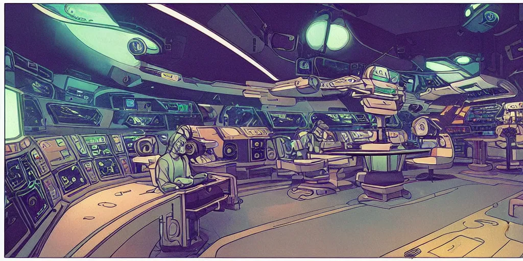 Prompt: a meditating robot in a space ship control room, holograms and displays, detailed art on walls, by moebius, 8 k, masterpiece of retro futurism, stunning composition