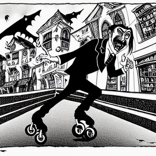 Image similar to black and white trippy comic art depiction of dracula the vampire wearing a suit and roller skating on prominently featured roller skates, zooming down the street with action lines flying past him, drawn by martin rowson, tim burton, alex pardee, nekro petros afshar, cgsociety, awesome, cool, detailed, 4 k