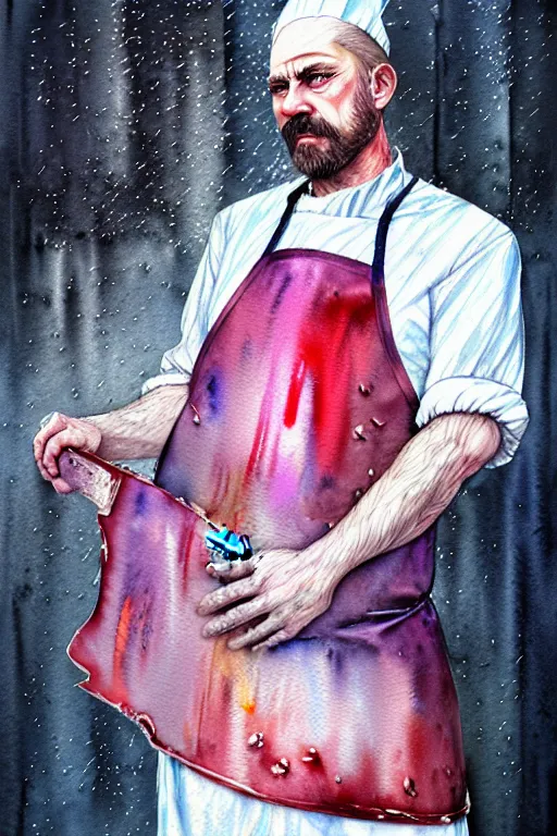 Image similar to watercolor portrait of a butcher with a white apron, raining, romantisism, outrun, pastel colors, painting, moody, detailed, by android jones