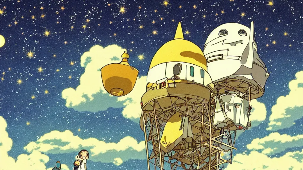 Prompt: a movie still from a studio ghibli film showing one large white pyramid and a golden ufo on a misty and starry night. by studio ghibli