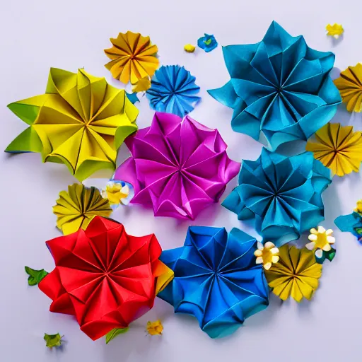 Image similar to origami flowers in multi colored paper, 3 d render, ultra detailed, on white background, studio shot