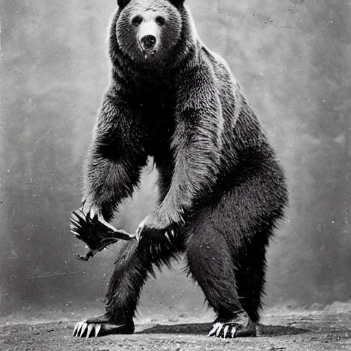 Prompt: “grizzly bear in full ninja outfit, 1900’s photo”