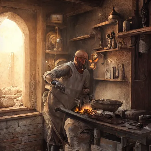 Prompt: distant shot painting of a blacksmith, ultra realistic, concept art, intricate details, eerie, highly detailed, medieval, photorealistic, octane render, 8 k, unreal engine 5, art by alexandros pyromallis