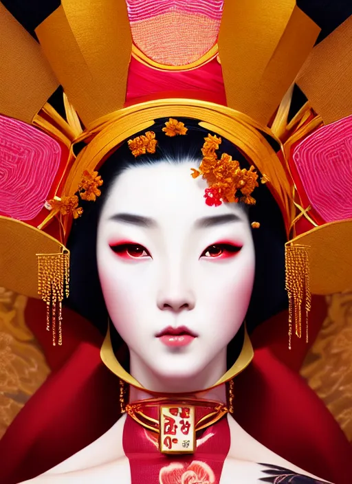 Image similar to dreamlike luxury stunning oiran portrait, red and gold kimono, art by artgerm, wlop, loish, ilya kuvshinov, 8 k realistic, hyperdetailed, beautiful lighting, detailed background, depth of field, symmetrical face, frostbite 3 engine, cryengine,