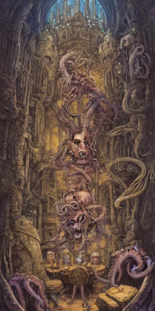 Image similar to mages with human bodies and magical armour with octopus heads sitting near the table in an ancient mage castle with enormous scale, gothic and baroque, brutalist architecture, ultradetailed, Intricate by Josan Gonzalez and John Howe and Giuseppe Arcimboldo