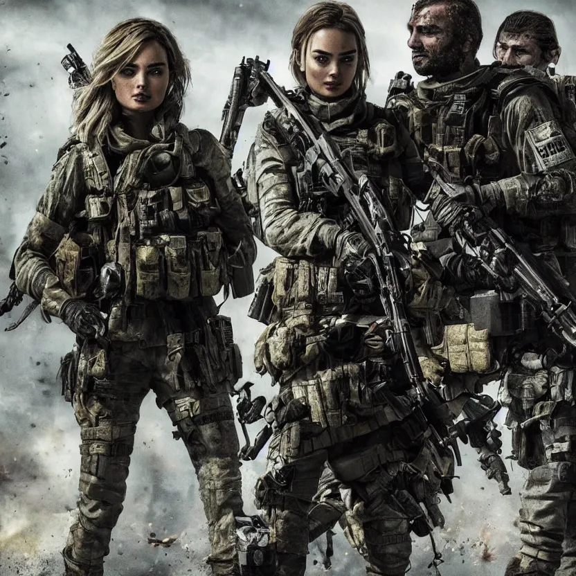 Image similar to ana de armas and margot robbie as a Call of Duty Modern warfare character highly detailed war torn environment epic pose