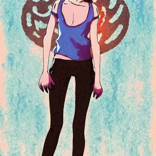 Image similar to anime woman with short pink hair in a bob style, light brown eyes, blue tank top, black pants, waving and smiling, anime art style like princess Mononoke