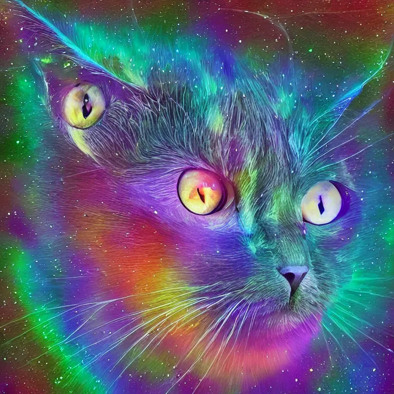 Prompt: an interdimensional cat, showing the secret of life, universe and everything, digital art