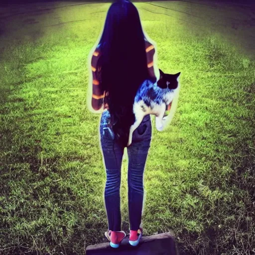 Image similar to a woman with long dark hair holding a cat in her arm standing on steps in a field at night, a hologram by kusama, instagram, optical illusion, full body, ultra hd, neon, pexels contest winner, high quality photo, rtx, hd, shiny eyes