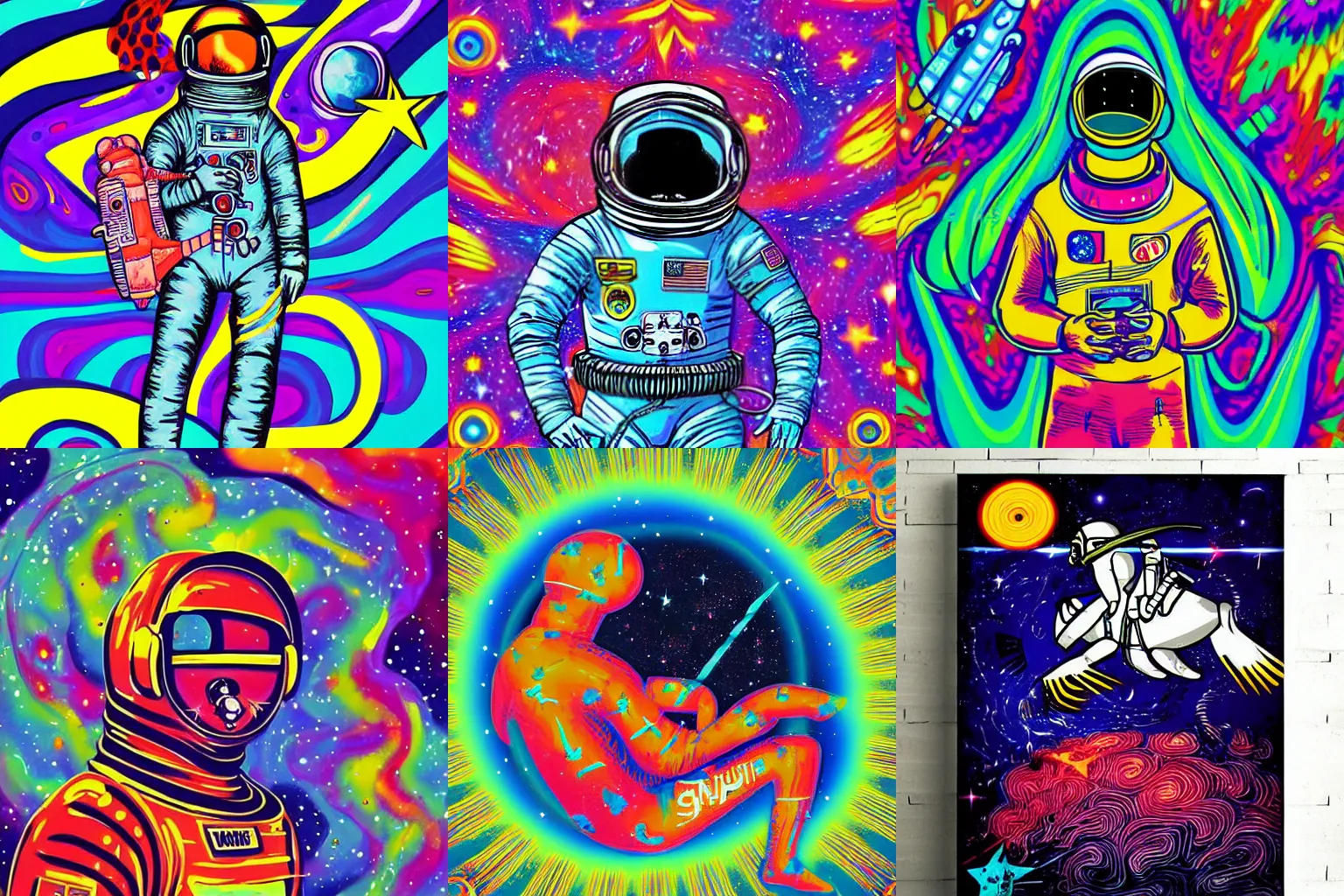 Prompt: Astronaut horse in space, psychedelic art, music cover, 70s, colorful