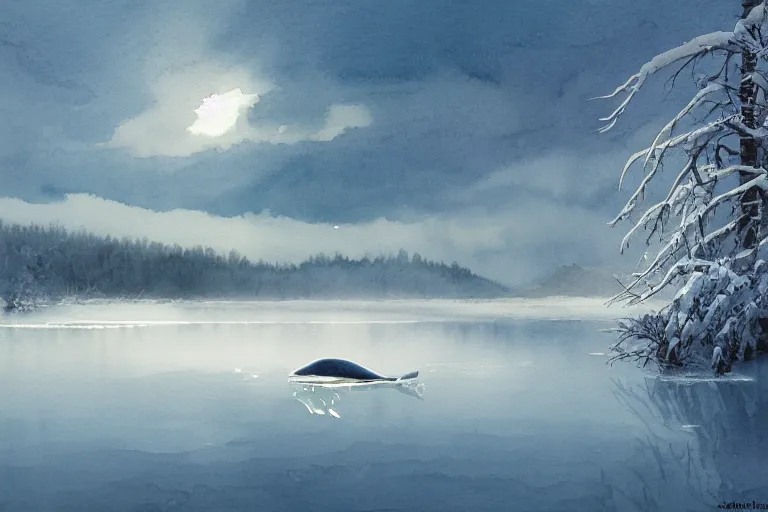 Prompt: watercolor painting of whale in crystal clear ice lake, reflective, crisp winter, fog and snowing, ambient lighting, dramatic art by jesper ejsing