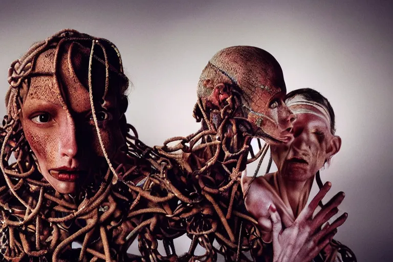 Image similar to 35mm color, humans enslaved, chained together, artificial intelligence, portrait, fashion shoot, weird, random, strange, hyperdetailed, photorealistic, interesting, by David la chapelle and karol bak and david cronenberg and WETA digital, Dariusz Zawadzki , ID magazine, octane rendering, cinematic, hyperrealism, octane rendering, 8k, depth of field, bokeh.