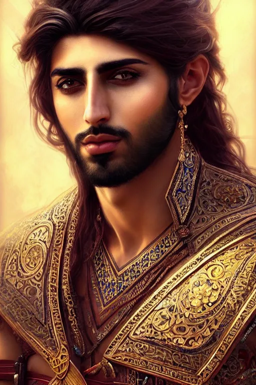 Image similar to Beautiful portrait of a Persian Prince who is a warrior, handsome prince of persia, face painting, attractive young man, persian style architecture, dramatic lighting, intricate, wild, highly detailed, digital painting, artstation, concept art, smooth, sharp focus, illustration, art by artgerm and greg rutkowski and alphonse mucha, footage from space camera