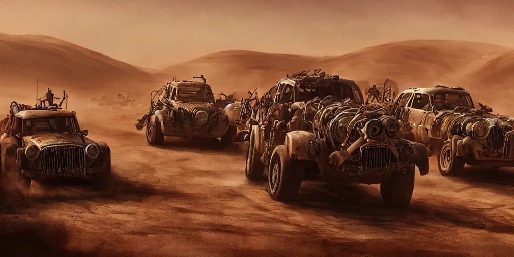 Prompt: an environmental concept art from mad max fury road, cars speeding through the desert, highly detailed, cinematic, dramatic lighting by francis tneh