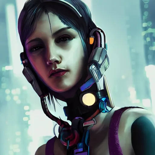 Prompt: realistic female character cyberpunk wearing technological collar around neck, realistic, art, beautiful, 4K, collar, choker, collar around neck, punk, artstation, detailed, female, woman, choker, dark,