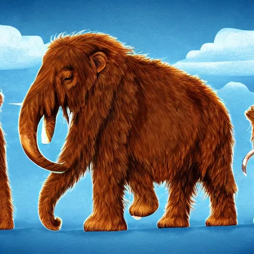Prompt: a wooly mammoth fighting a herd of saber tooth lions, illustration, digital art
