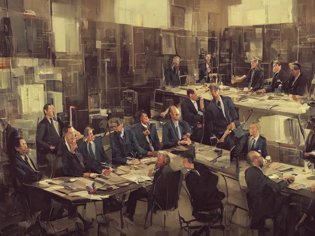 Image similar to a portrait of men in suits with tie sitting on a large table and discussing the world in a painting from stalenhag, 4 k, 8 k, hdr, artstation, concept art