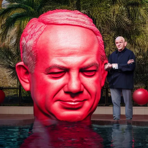 Image similar to a giant benjamin netanyahu sculpture made out of juicy red jelly inside a pool, long shot, hyper detailed, hyper realistic, ray tracing, 8 k resolution, sharp focus, realistic water, award winning