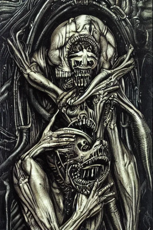 Image similar to saturn devouring his son in the syle of giger, giger, extremely detailed