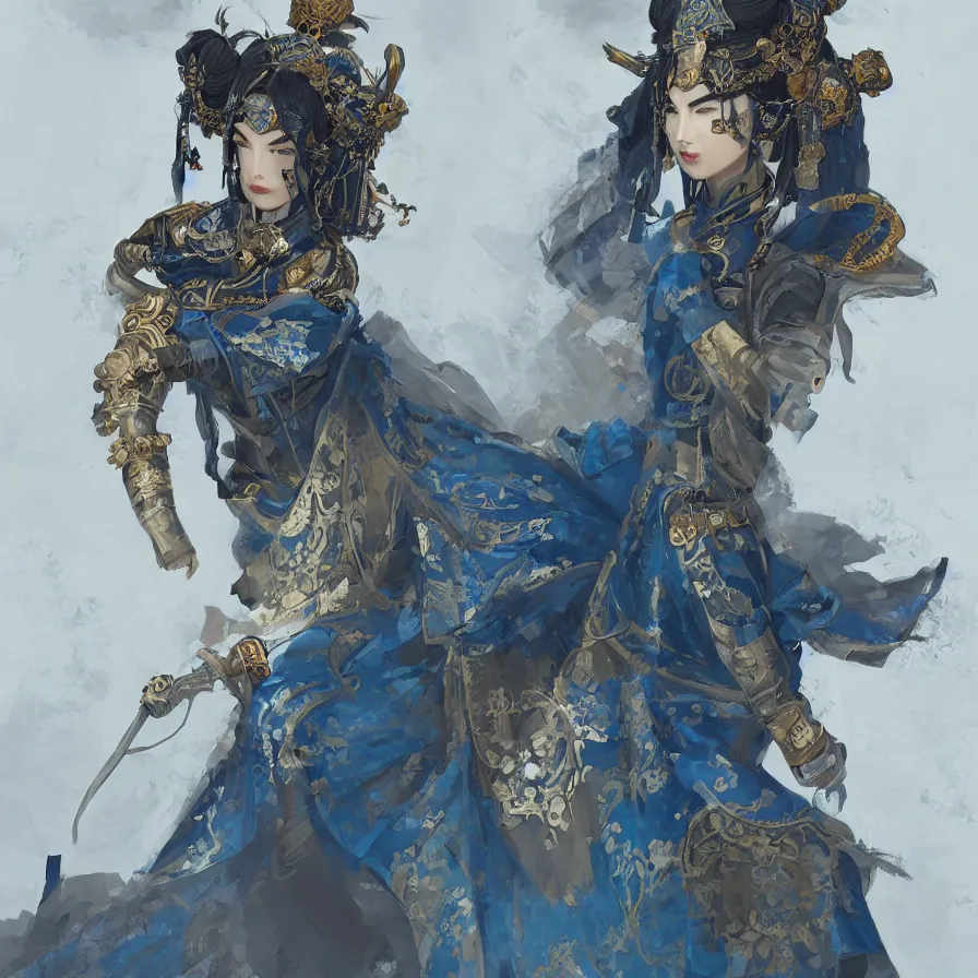 Image similar to ancient chinese princess with steampunk mask, dynasty warriors, elegant, unreal engine, 8 k, blue color scheme, headshot, highly detailed, smooth, ink painting, artstation, concept art, in style of yoji shinkawa, pan ren wei, col price, atey ghailan, by greg rutkowski, aesthetic