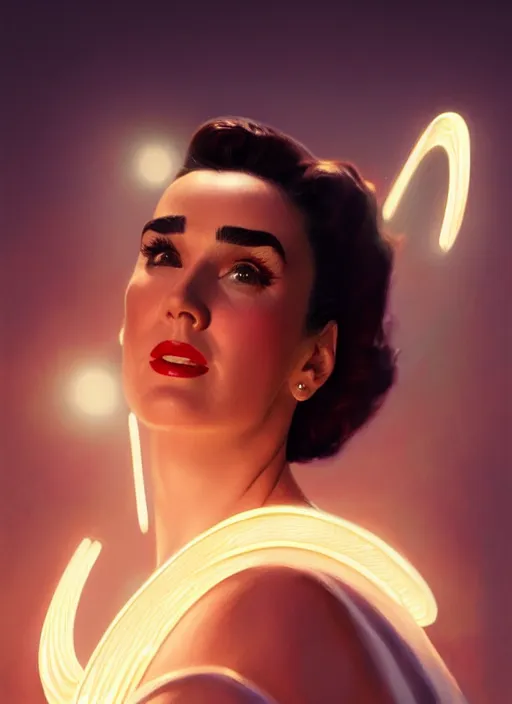 Image similar to portrait of 1 9 5 0 s darna, young jennifer connelly, intricate, elegant, glowing lights, highly detailed, digital painting, artstation, glamor pose, concept art, smooth, sharp focus, illustration, art by wlop, mars ravelo and greg rutkowski