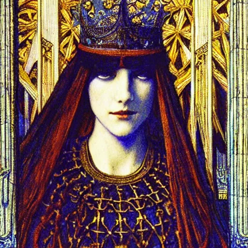 Image similar to beautiful young medieval queen by jean delville, art nouveau, symbolist, visionary