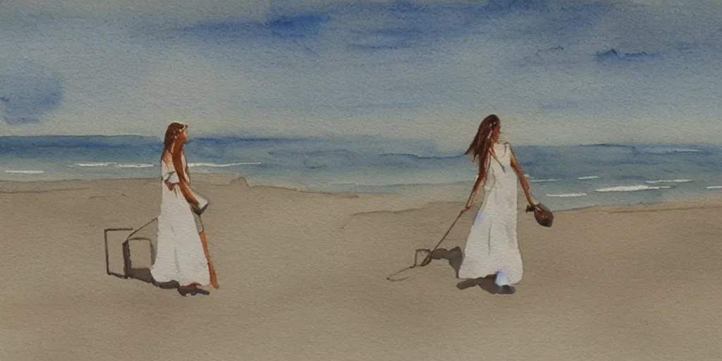 Prompt: a woman wearing a white dress, using a metal detector on a beach, watercolour realistic