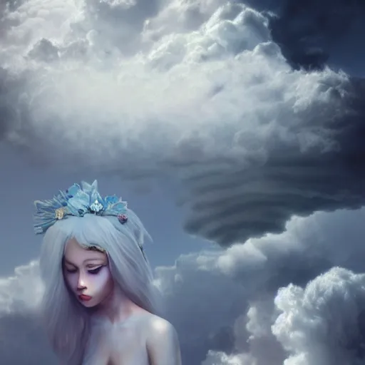 Prompt: goddess wearing a cloud fashion on the clouds, photoshop, colossal, creative, albino skin, giant, digital art, photo manipulation, clouds, covered in clouds, girl clouds, on clouds, covered by clouds, airplane in the sky, white hair, digital painting, artstation, impressionism